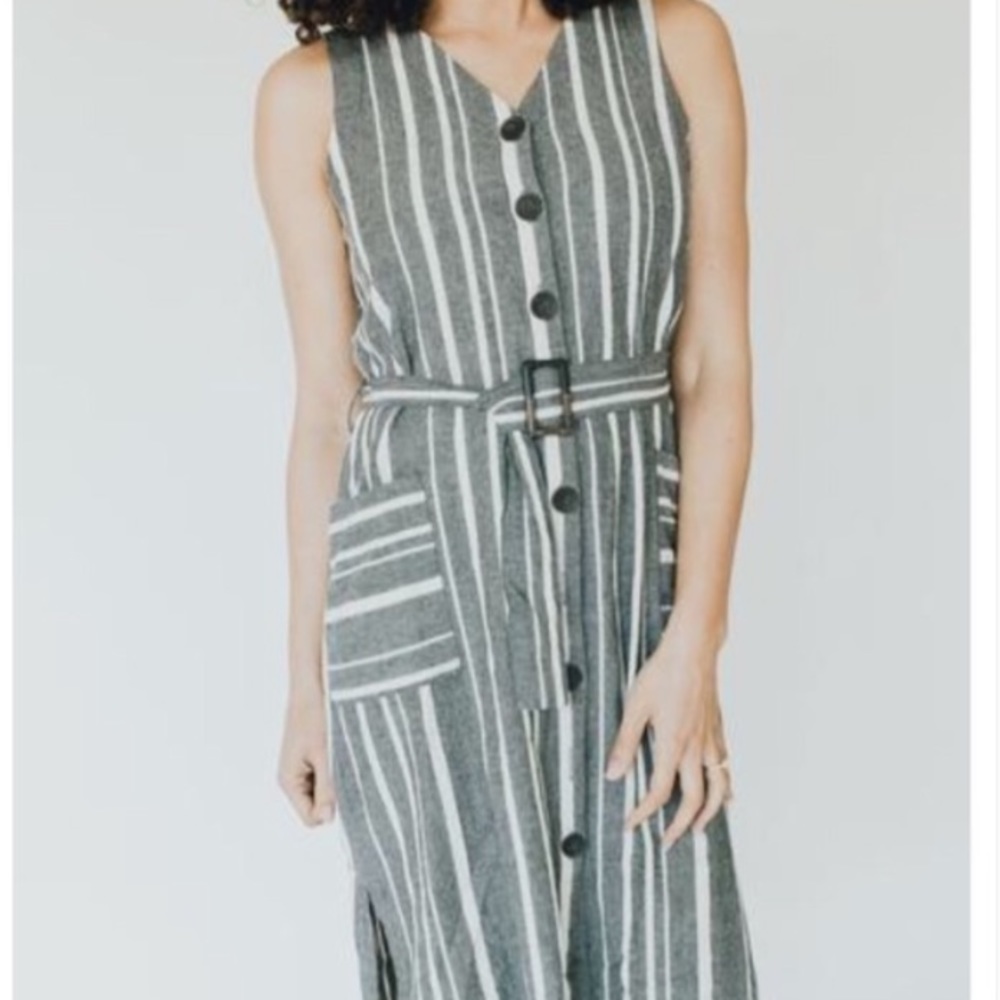 Striped Sleeveless Belted Dress